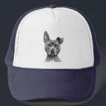 Grey Stalky Pit Bull Dog Drawing Trucker Hat<br><div class="desc">This is a portrait of a grey pit bull dog with white on his chest. It has one ear standing. He has a regal look on his face. He is on a bulky side and has a big and muscular face. This was sketched with pencil and then coloured digitally with...</div>