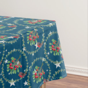 Grey Star Blue Red Robin Wreath Christmas Tablecloth