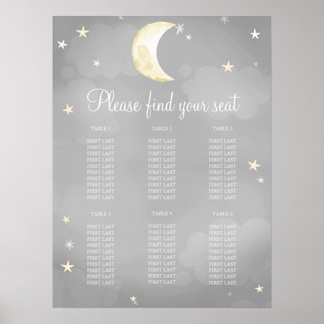 Grey Star Moon Sky Baby Shower Seating Chart (Front)