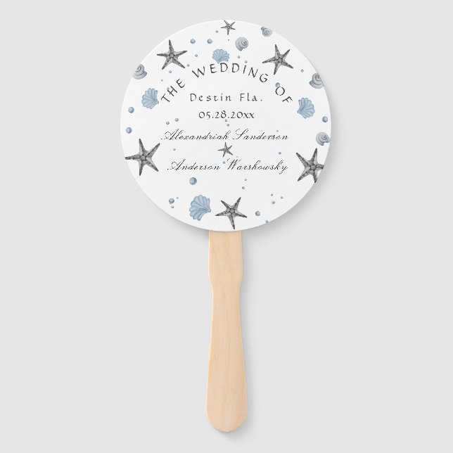Grey Starfish Blue Beach Wedding  Hand Fan (Front)