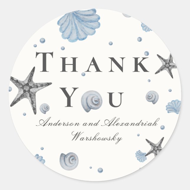 Grey Starfish Blue Shell Beach Wedding  Classic Round Sticker (Front)
