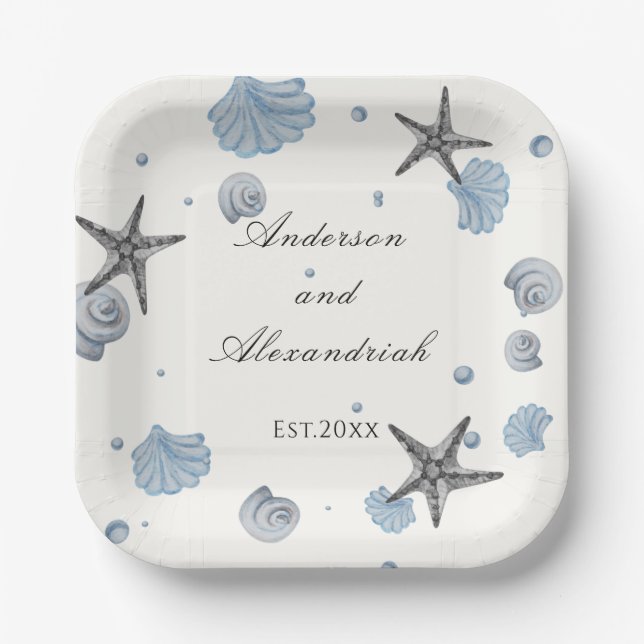 Grey Starfish Blue Shell Beach Wedding  Paper Plat Paper Plate (Front)