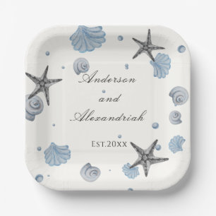 Grey Starfish Blue Shell Beach Wedding Paper Plat Plate