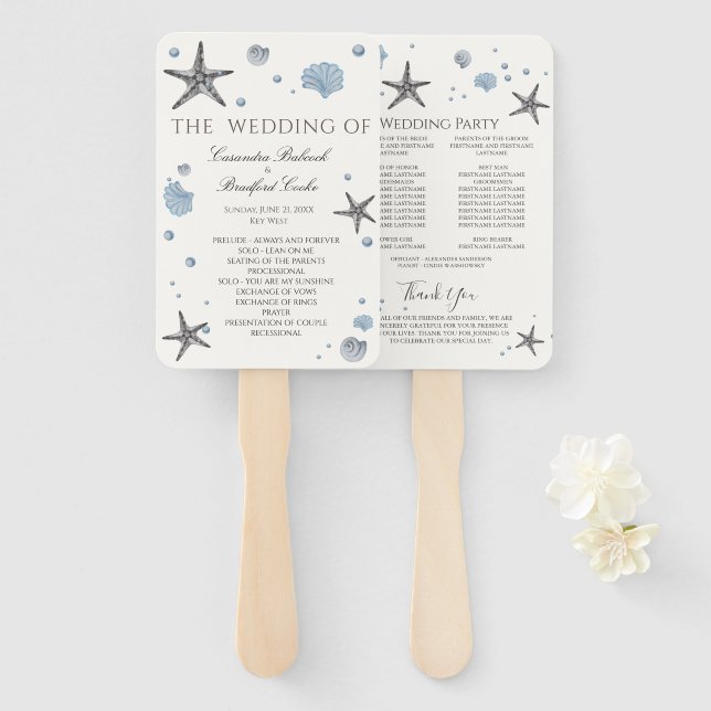 Grey Starfish  Blue Shell ceremony program  Hand Fan (Front and Back)