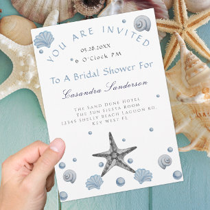 Grey Starfish  Blue Shells Beach Bridal Shower Invitation