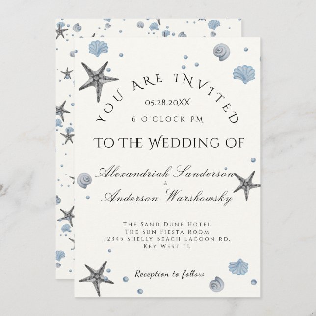 Grey Starfish  Blue Shells Beach Wedding Invitation (Front/Back)