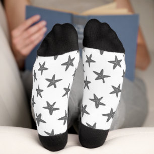 Grey starfish on white pattern socks