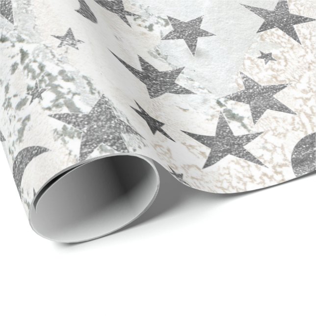 Grey Stars Moon Gold Sky Galaxy White Grey Marble Wrapping Paper (Roll Corner)