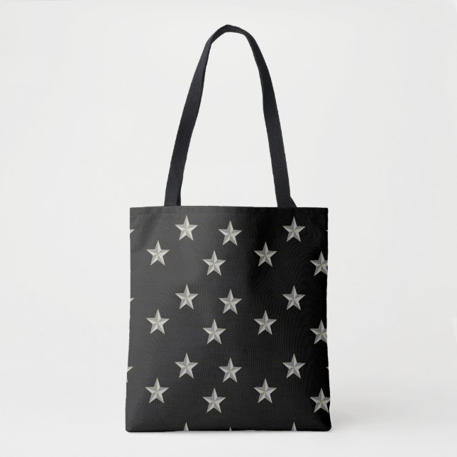 Grey stars pattern on black tote bag (Front)