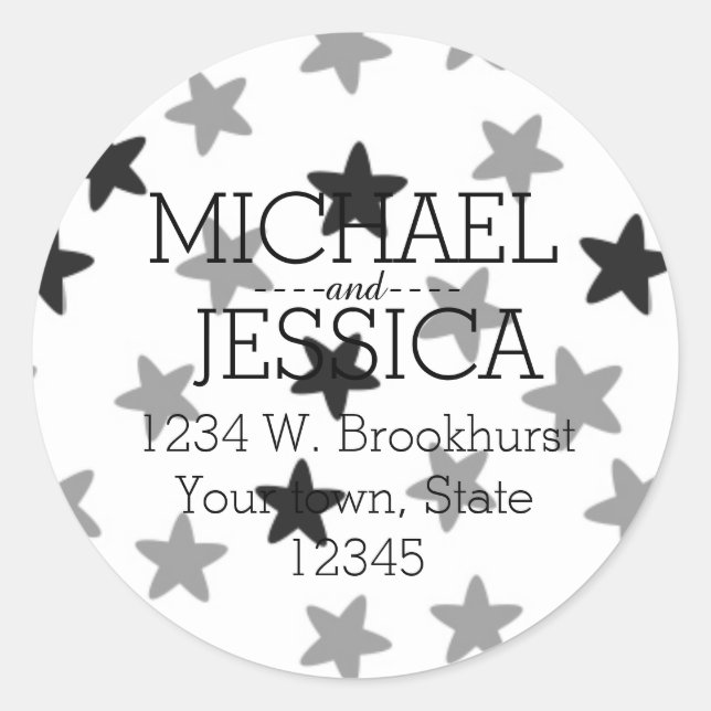 Grey Stars Personalised address Classic Round Sticker (Front)