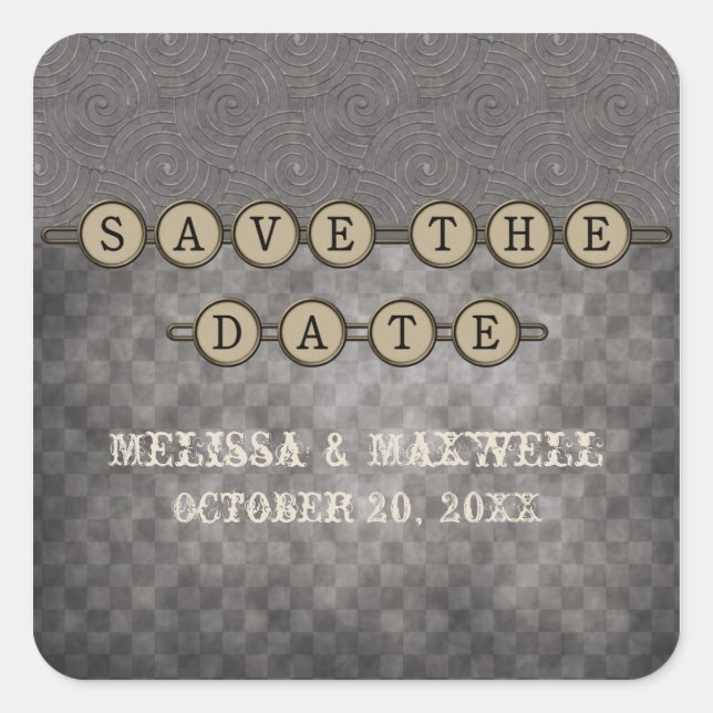 Grey Steampunk Keys Save the Date Stickers (Front)
