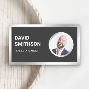 Grey Steel Silver Photo Real Estate Agent Business Card