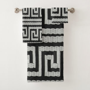 Grey Stitched-Look Greek Key Designer Bath Towel Set
