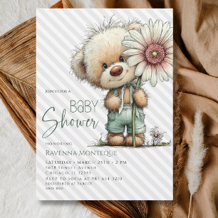 Grey Stripe Bear Daisy Clean Baby Boy Baby Shower Invitation
