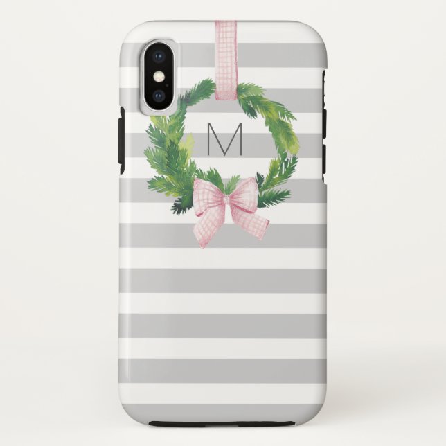 Grey stripe Christmas wreath monogram Case-Mate iPhone Case (Back)