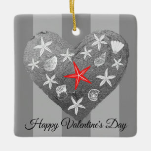 Grey Stripe Coastal Theme Seashell Starfish Heart Ceramic Ornament