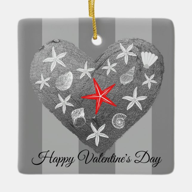 Grey Stripe Coastal Theme Seashell Starfish Heart Ceramic Ornament (Front)