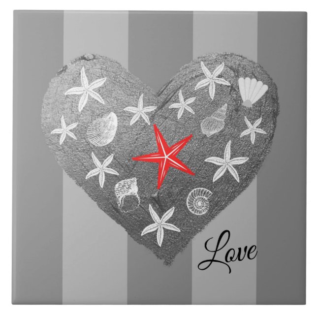 Grey Stripe Coastal Theme Seashell Starfish Heart Ceramic Tile (Front)