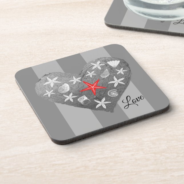 Grey Stripe Coastal Theme Seashell Starfish Heart Coaster (Left Side)