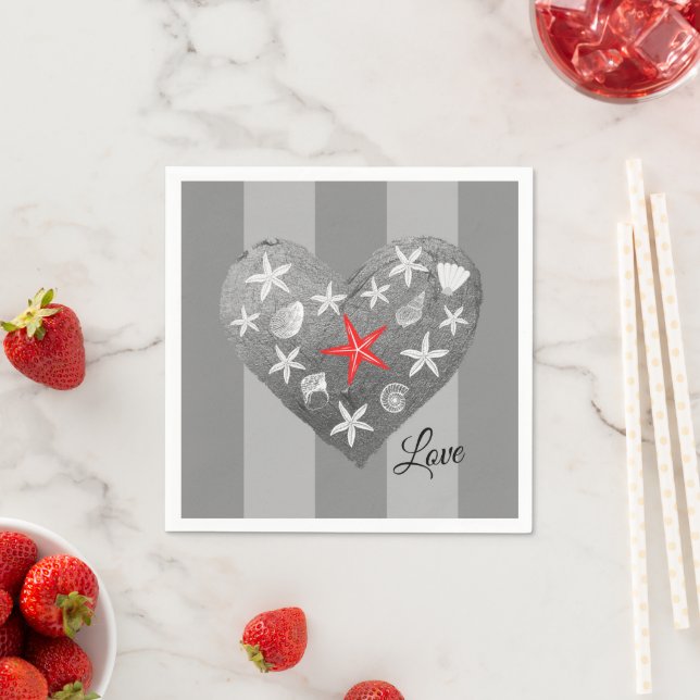 Grey Stripe Coastal Theme Seashell Starfish Heart Napkin (Insitu)