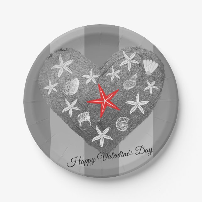 Grey Stripe Coastal Theme Seashell Starfish Heart Paper Plate (Front)