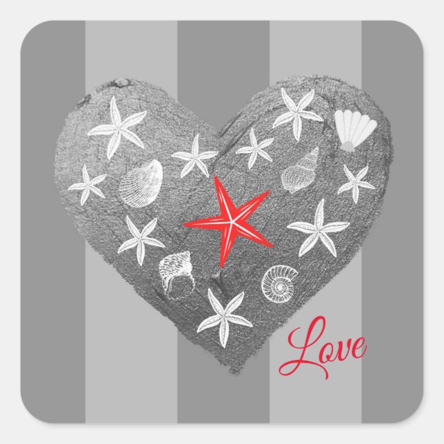 Grey Stripe Coastal Theme Seashell Starfish Heart Square Sticker (Front)