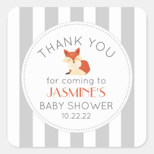 Grey stripe fox neutral baby shower theme square sticker