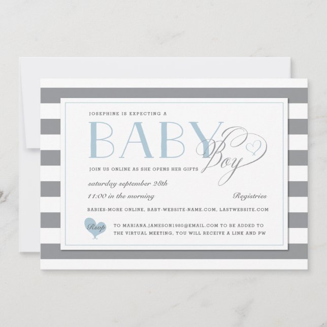 Grey Stripe Light Blue Boy Baby Shower by Mail Invitation (Front)
