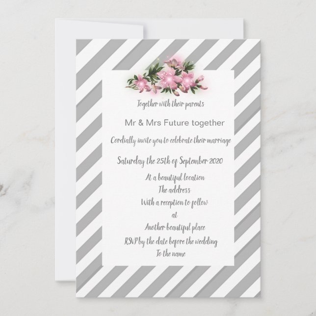 Grey Stripe pink flower invitation wedding new (Front)