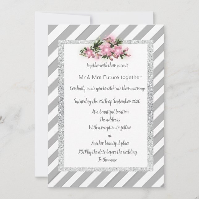 Grey Stripe pink flower invitation wedding new (Front)