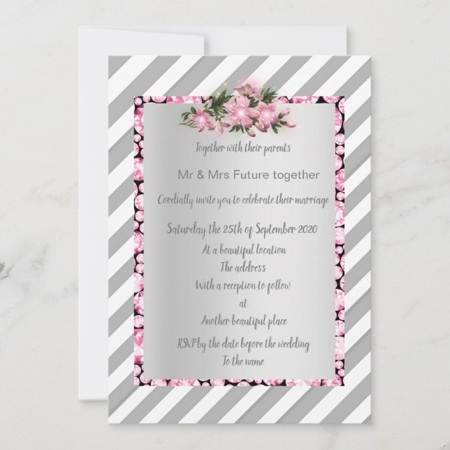 Grey Stripe pink flower invite new gold diamonds (Front)