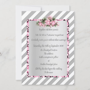 Grey Stripe pink flower invite new gold diamonds