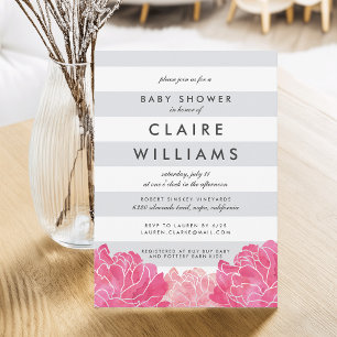 Grey Stripe & Pink Peony Baby Shower Invitation
