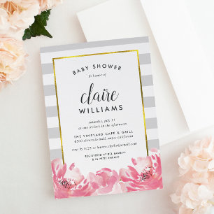 Grey Stripe & Pink Peony Baby Shower Invitation