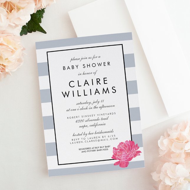 Grey Stripe & Pink Peony Baby Shower Invitation (Creator Uploaded)