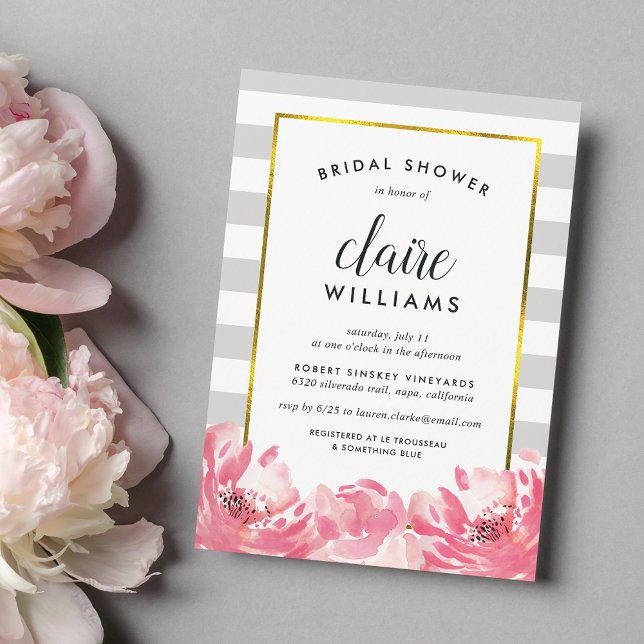 Grey Stripe & Pink Peony Bridal Shower Invitation (Creator Uploaded)