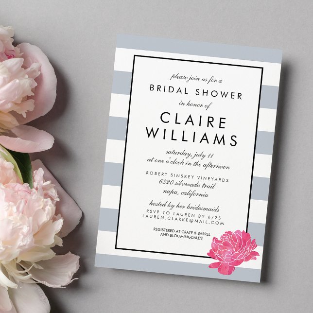 Grey Stripe & Pink Peony Bridal Shower Invitation (Creator Uploaded)