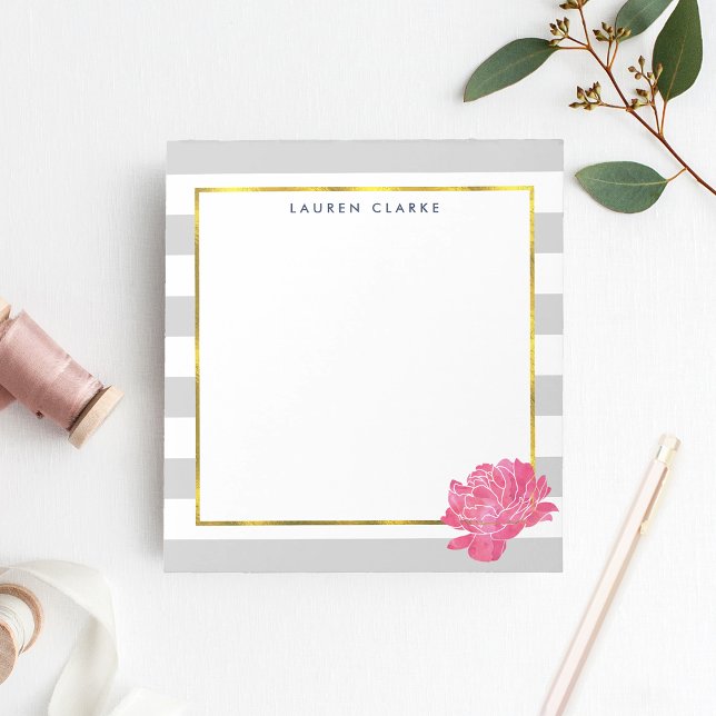 Grey Stripe & Pink Peony Personalised Notepad (Creator Uploaded)