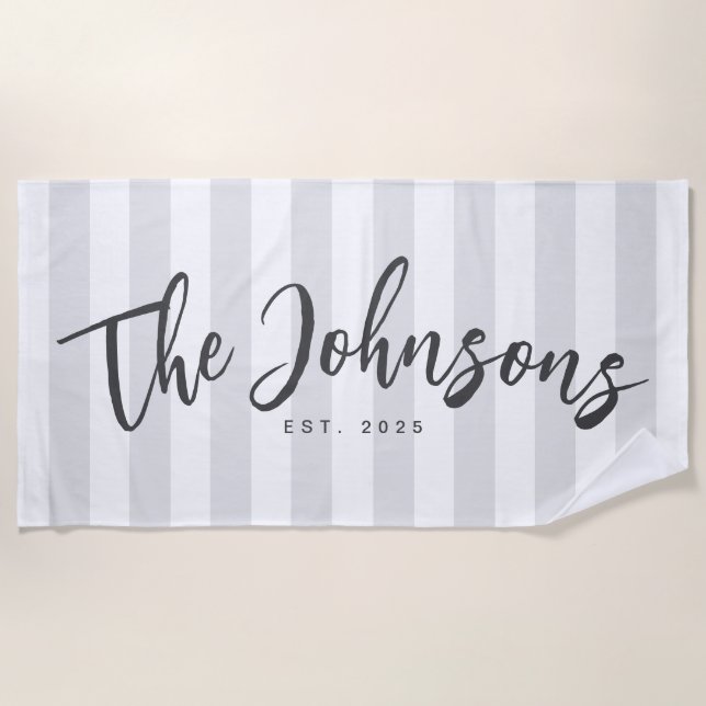 Grey Striped Beach Towel, Newlywed Gift Beach Towel (Front)