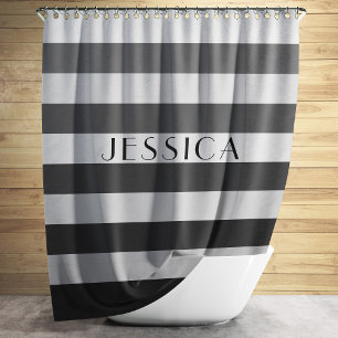 Grey Striped Pattern Personalised Name Shower Curtain