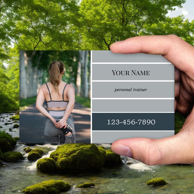 Grey Striped Photo Fitness Personal Trainer Business Card (Business card with your photo on navy grey blue with light grey stripes. Fitness or personal trainer)