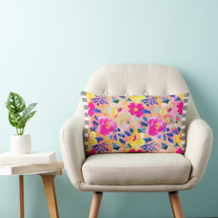 Grey Striped Trim Pink Floral Throw Pillow