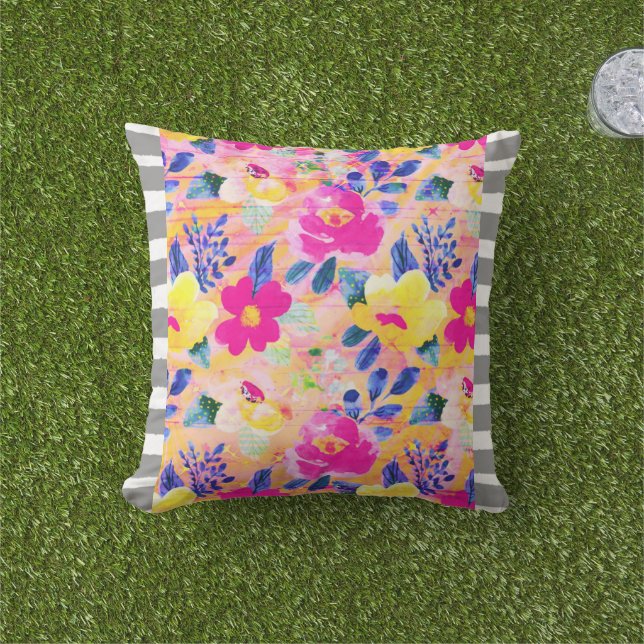 Grey Striped Trim Pink Floral Throw Pillow (Grass)