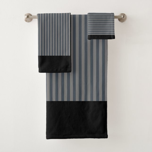 GREY STRIPES BLACK BORDER BATH TOWEL SET (Insitu)