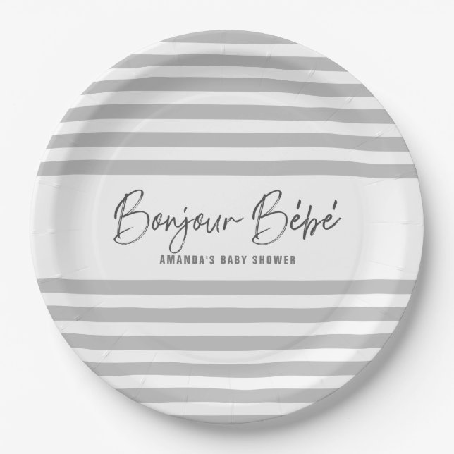 Grey Stripes Bonjour Bebe Paper Plate (Front)
