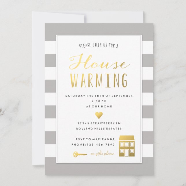 Grey Stripes - Gold Housewarming Party Invitation (Front)