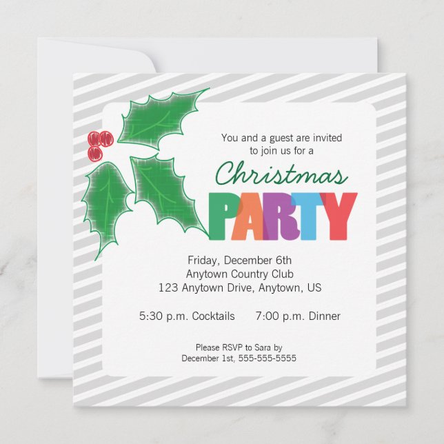 Grey Stripes, Green Holly Christmas Party Invitation (Front)