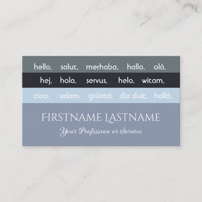 Grey stripes international languages hello business card (Front)