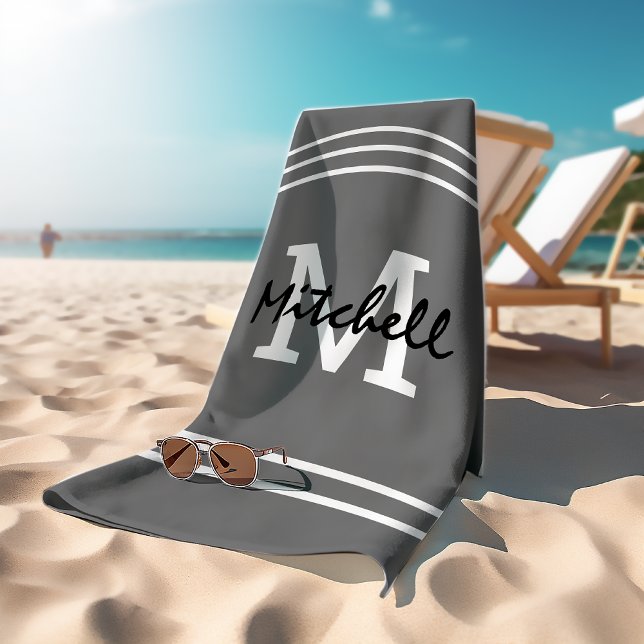 Grey Stripes Masculine Monogram Beach Towel (Creator Uploaded)