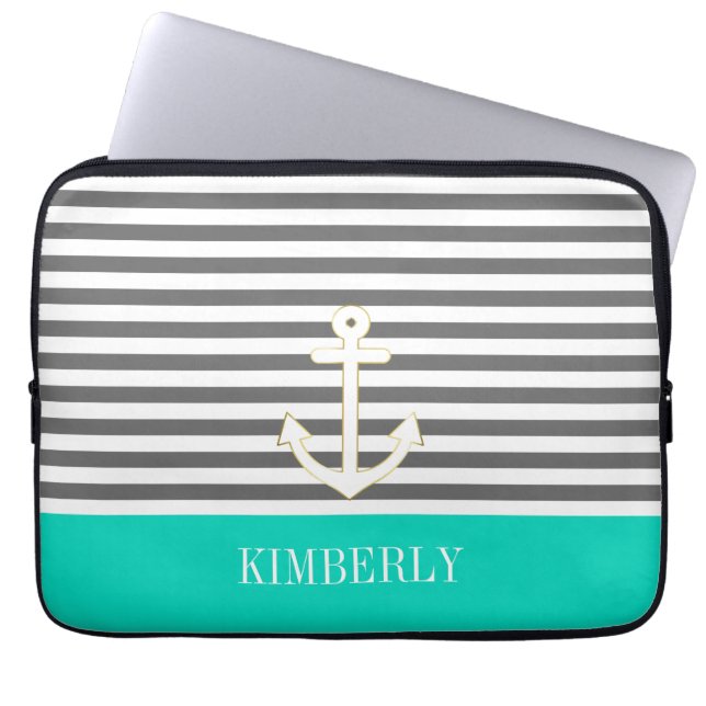 Grey Stripes Nautical Anchor Teal Monogram Laptop Sleeve (Front)